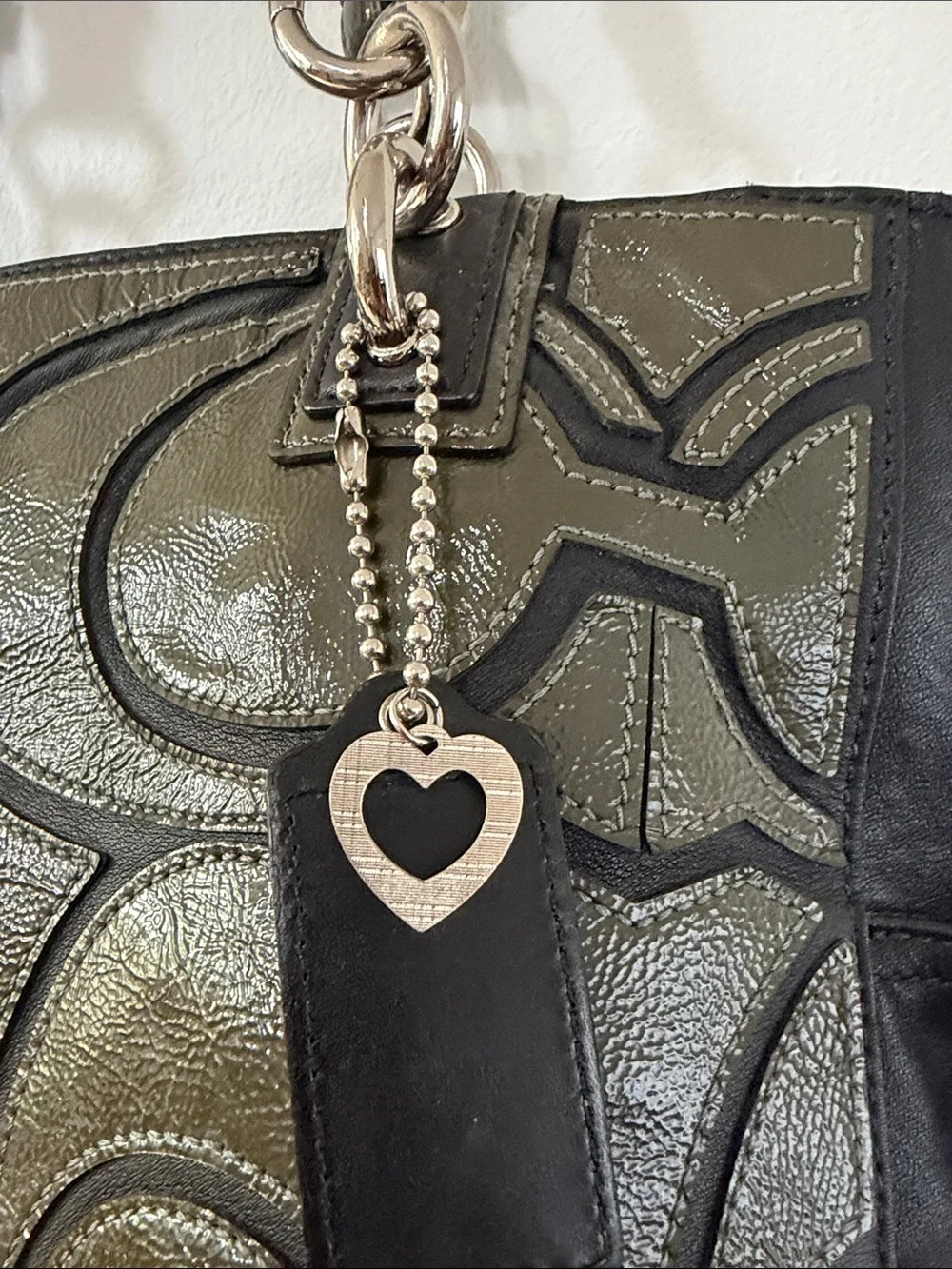Coach Olive and Black Signature Tote with Chain Accent